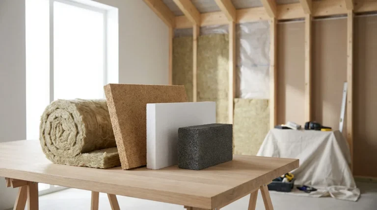 Rouleau de laine minérale et panneaux isolants (bois, polystyrène) sur table. Chantier d'isolation visible derrière.
