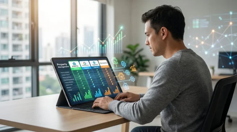 Homme sur laptop comparant logiciels de gestion immobilière avec graphiques de performance et icônes futuristes dans un bureau.