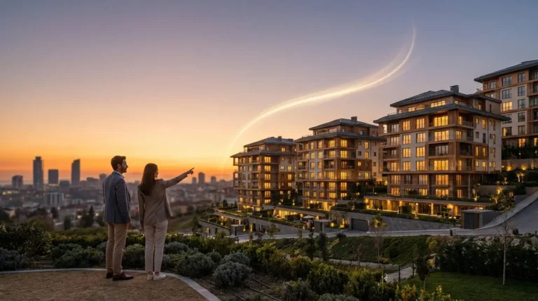 Couple de dos admirant un complexe immobilier moderne au coucher du soleil avec une ville en arrière-plan.