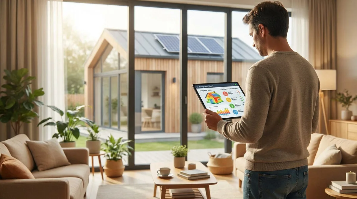 Un homme examine un rapport d'audit énergétique sur une tablette, avec une maison équipée de panneaux solaires en arrière-plan.