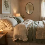 Chambre cocooning avec lit douillet en lin beige et vert sauge, plaid épais, lampes de chevet allumées et plantes vertes.