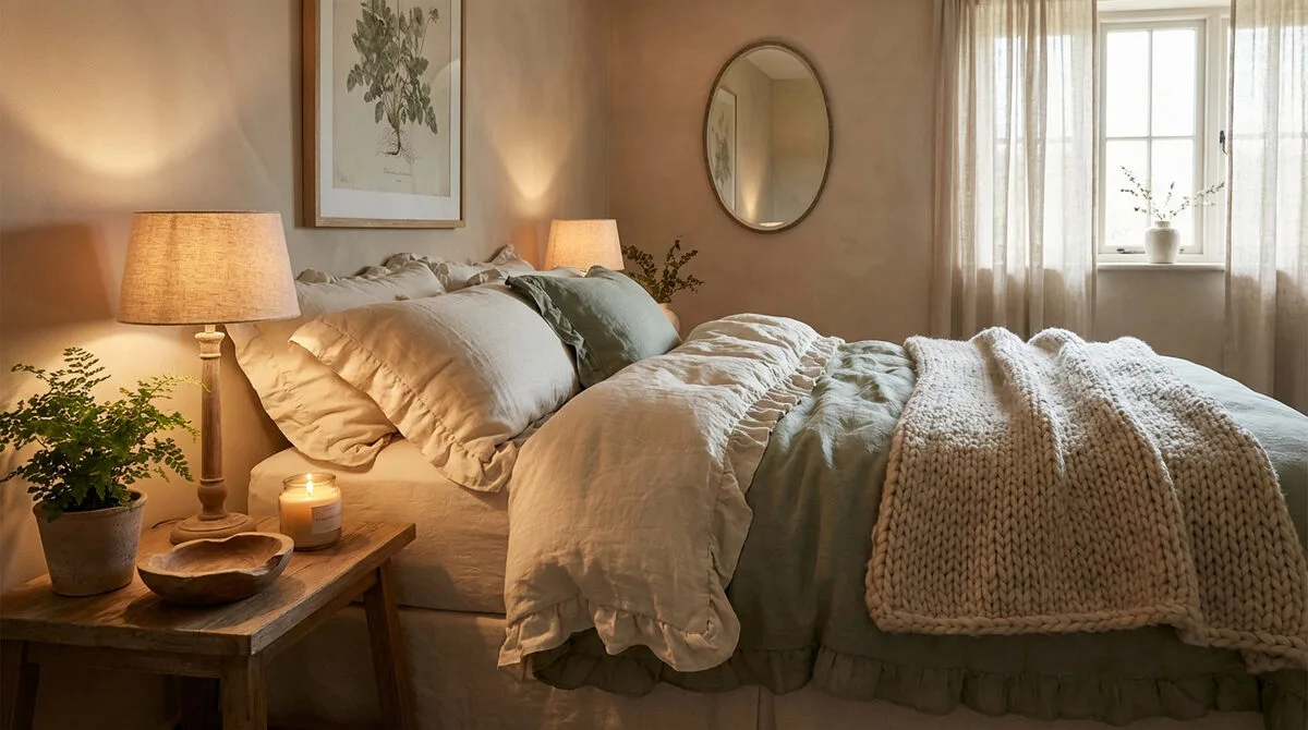 Chambre cocooning avec lit douillet en lin beige et vert sauge, plaid épais, lampes de chevet allumées et plantes vertes.