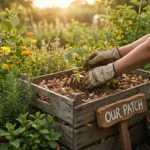 Mains gantées plantant un jeune plant de tomate dans un bac en bois avec paillis, entouré de fleurs sauvages et herbes.