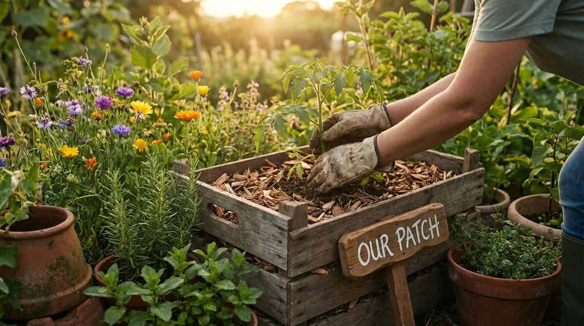 Mains gantées plantant un jeune plant de tomate dans un bac en bois avec paillis, entouré de fleurs sauvages et herbes.