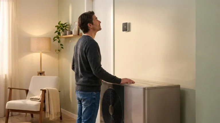 Un homme debout regarde un thermostat intelligent affichant 23°C, sa main sur un appareil de chauffage moderne. Salon lumineux et cosy.
