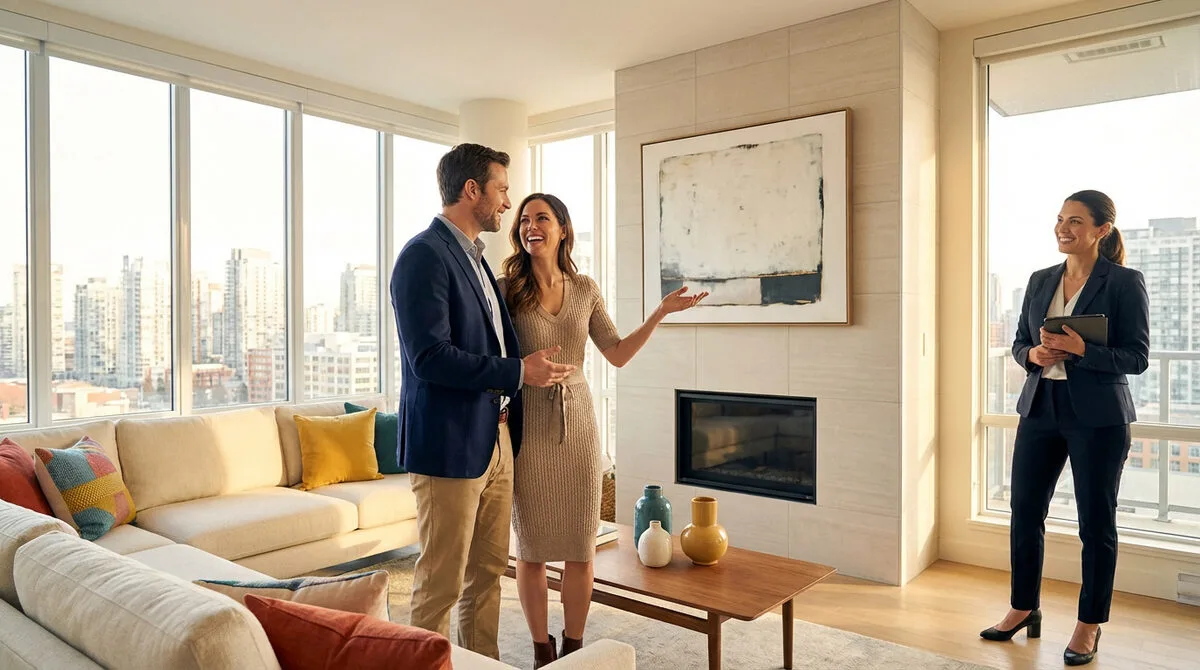 Un couple souriant discute avec un agent immobilier dans un salon lumineux offrant une vue imprenable sur la ville.