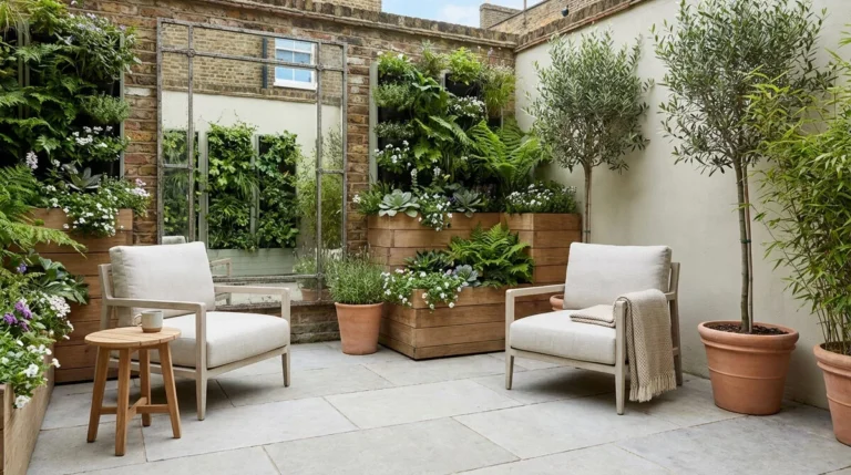 Cour moderne avec murs végétaux luxuriants, fauteuils confortables, grand miroir décoratif, oliviers en pots et sol pavé.