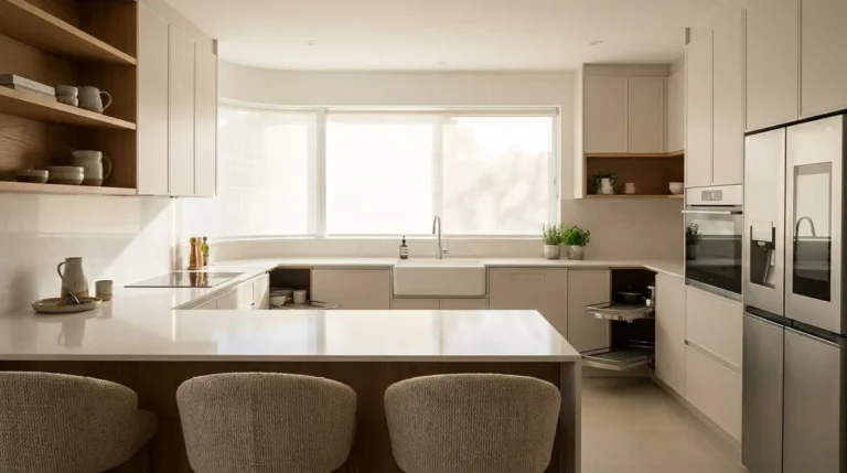 Cuisine en U moderne avec îlot central, armoires claires, plans de travail blancs, étagères en bois, évier sous fenêtre et appareils intégrés.