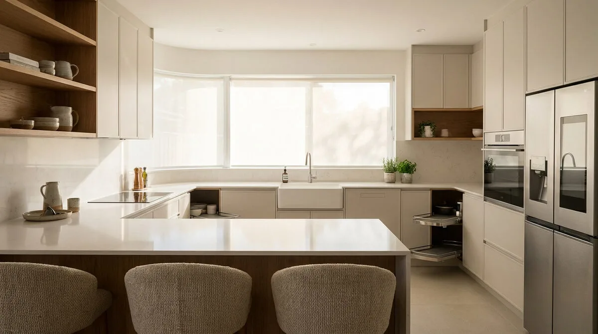 Cuisine en U moderne avec îlot central, armoires claires, plans de travail blancs, étagères en bois, évier sous fenêtre et appareils intégrés.