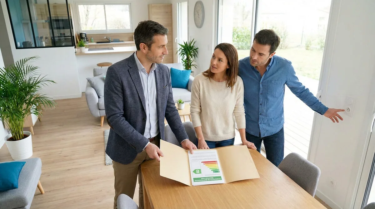 Un diagnostiqueur présente un DPE à un couple dans une maison moderne et lumineuse, l'homme pointe une prise murale.