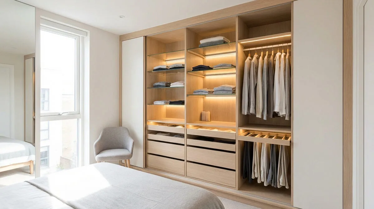 Dressing intégré moderne en bois clair et blanc avec éclairage LED, étagères, tiroirs et penderie organisée dans une chambre.