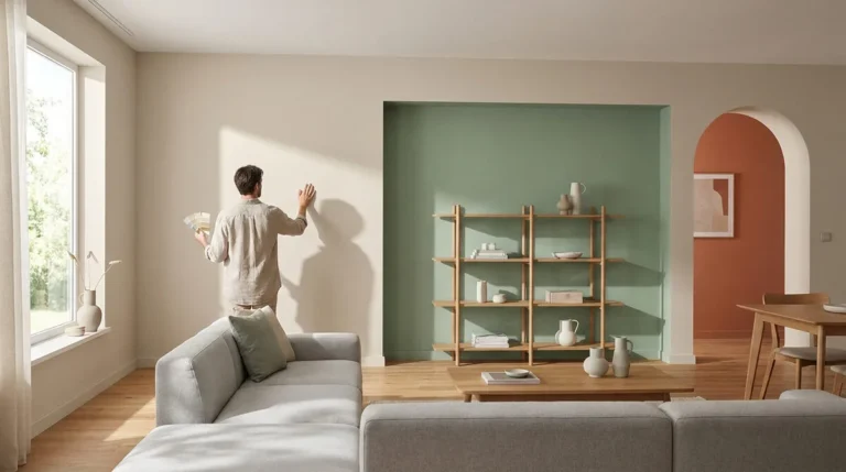 Homme avec nuancier touche un mur beige dans un salon moderne, mur vert et arche orange en arrière-plan.