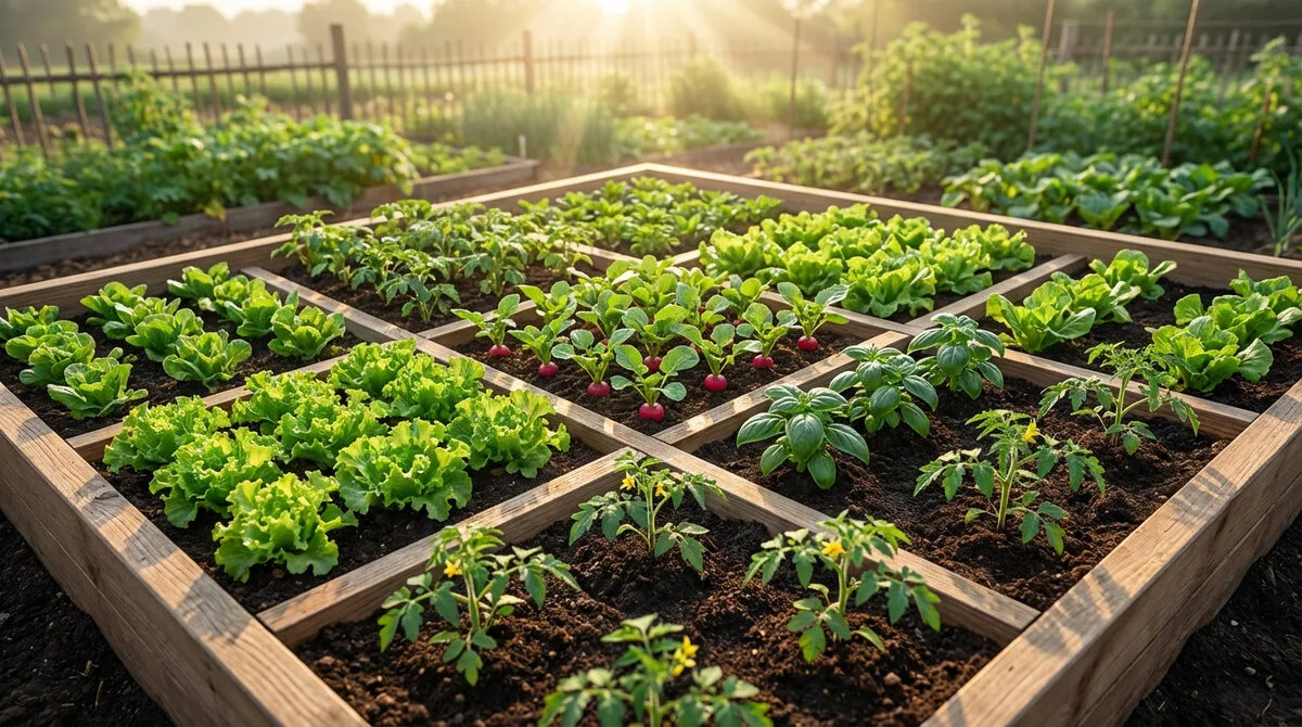 Un potager carré en bois divisé, avec des plants de laitues, radis, basilic et tomates sous le soleil matinal.