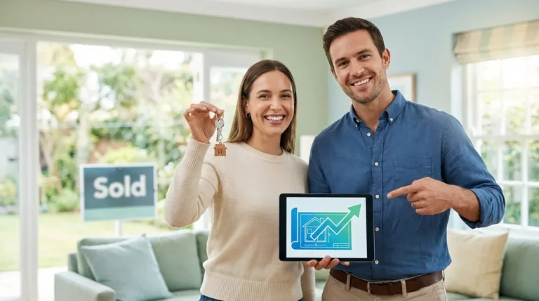 Un couple heureux tient les clés de leur maison fraîchement achetée et présente une tablette avec un graphique de croissance immobilière.