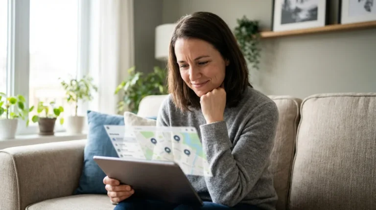 Femme souriante sur un canapé consultant une tablette affichant une carte holographique pour une recherche de logement.