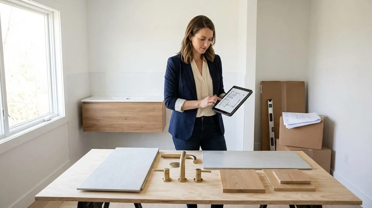 Femme consulte une tablette avec plan architectural dans salle de bain en rénovation, avec échantillons carrelage, bois et robinetterie.
