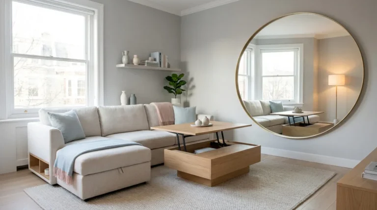 Salon moderne avec canapé d'angle beige, table basse relevable en bois, étagères murales et grand miroir rond pour agrandir l'espace.