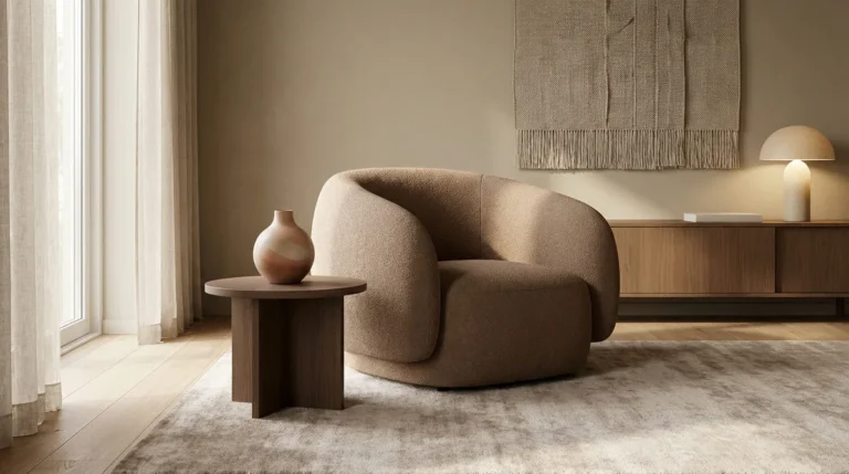 Intérieur moderne aux tons neutres : fauteuil beige texturé, table en bois avec vase, tapis clair et suspension murale.