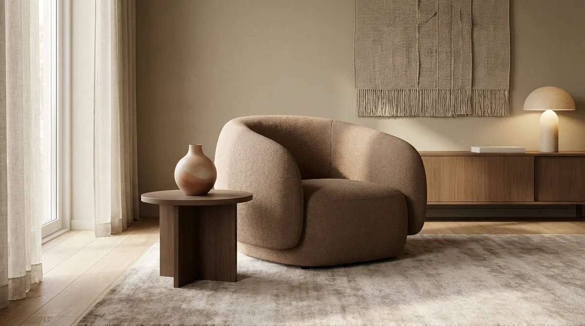 Intérieur moderne aux tons neutres : fauteuil beige texturé, table en bois avec vase, tapis clair et suspension murale.