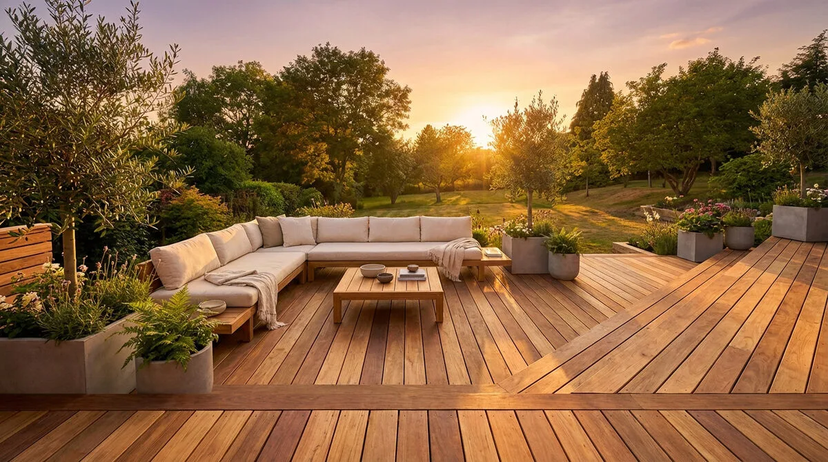 Large terrasse en bois avec un canapé d'angle clair, une table basse et des plantes en pots, baignée par le soleil couchant.