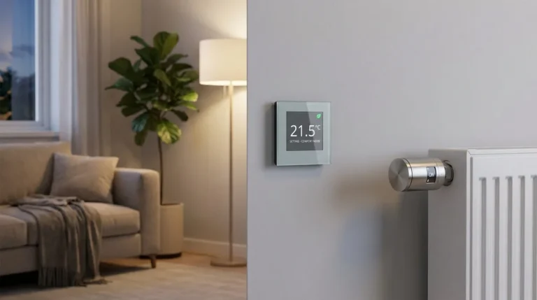 Thermostat mural intelligent (21.5°C) et vanne thermostatique sur radiateur dans salon moderne. Confort et économies.
