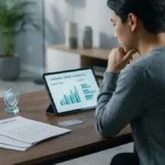 Homme asiatique concentré devant sa tablette affichant des graphiques sur l'assurance crédit. Des documents de prêt et un bouclier sont sur le bureau.