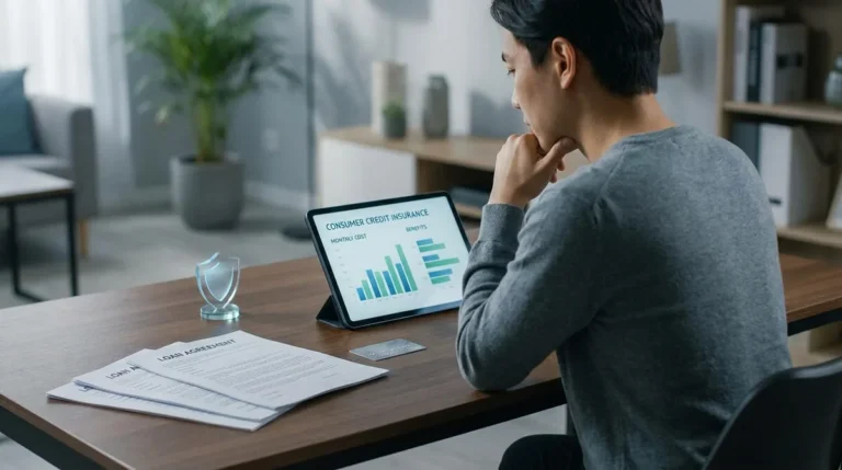 Homme asiatique concentré devant sa tablette affichant des graphiques sur l'assurance crédit. Des documents de prêt et un bouclier sont sur le bureau.