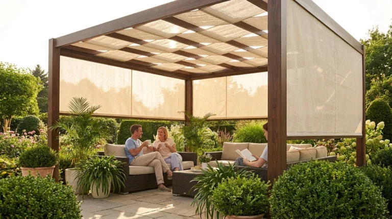 Pergola en bois avec toiles de toit et stores latéraux crème, offrant confort à trois personnes relaxant dans un jardin luxuriant.
