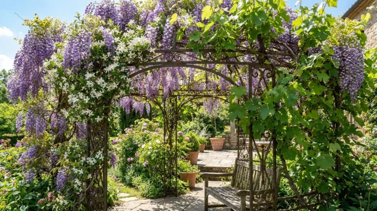 Pergola en fer forgé couverte de grappes de glycine violette, fleurs blanches et vigne. Banc en bois et chemin dallé au soleil.