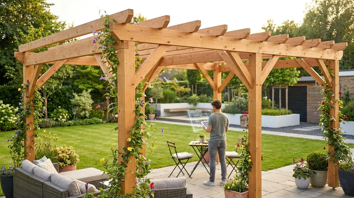 Pergola en bois dans un jardin verdoyant. Un homme utilise une tablette avec un plan holographique pour visualiser son projet.
