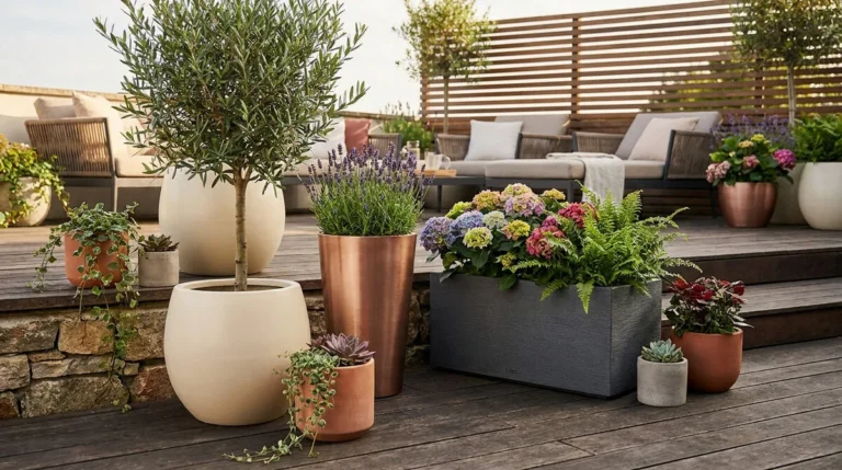 Terrasse aménagée avec une variété de pots design (céramique, cuivre, anthracite) et diverses plantes : olivier, lavande, hortensias.