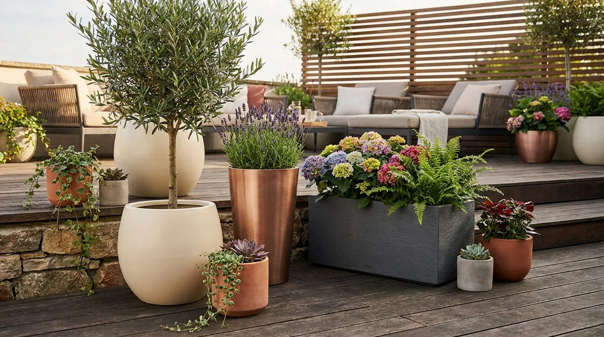 Terrasse aménagée avec une variété de pots design (céramique, cuivre, anthracite) et diverses plantes : olivier, lavande, hortensias.