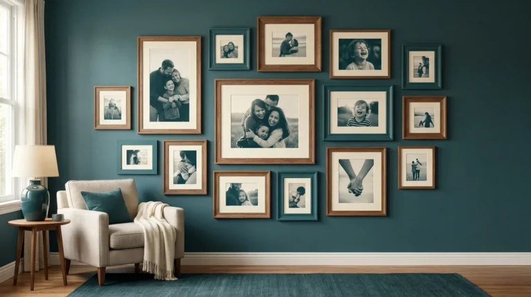 Mur de couleur bleu pétrole décoré d'une composition de cadres photo avec des portraits de famille en noir et blanc.