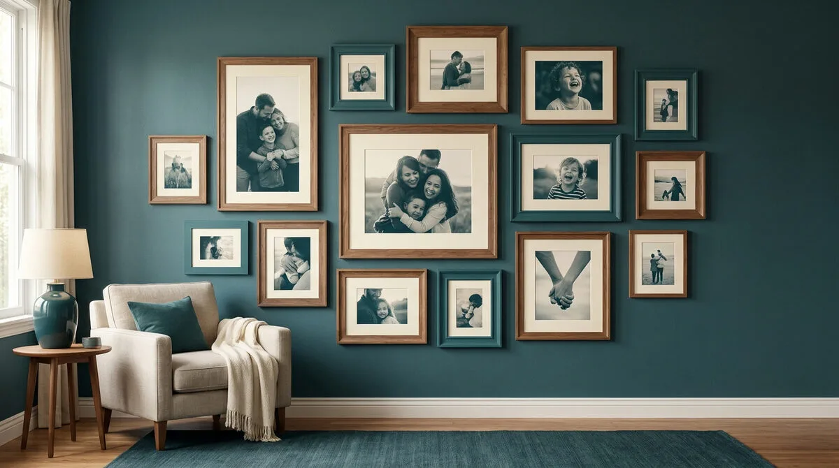 Mur de couleur bleu pétrole décoré d'une composition de cadres photo avec des portraits de famille en noir et blanc.