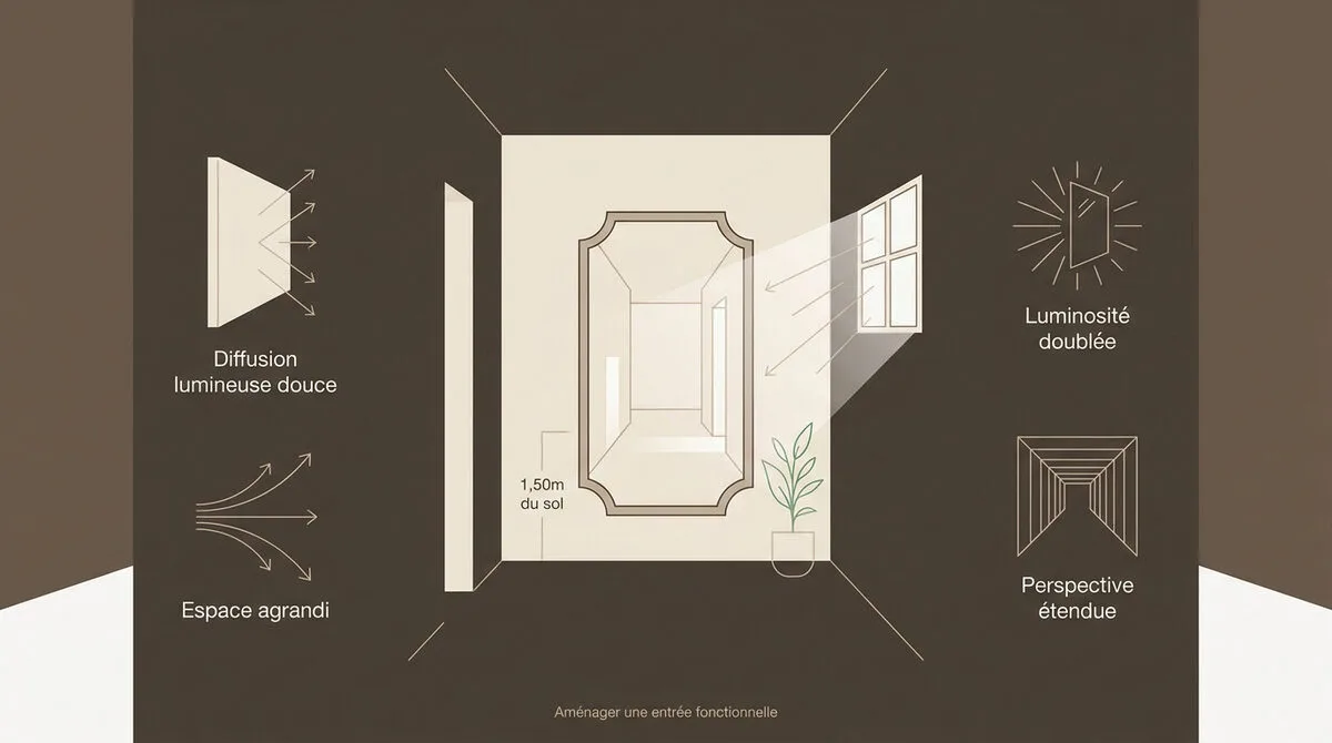 Miroir élégant dans une entrée lumineuse créant une sensation de profondeur