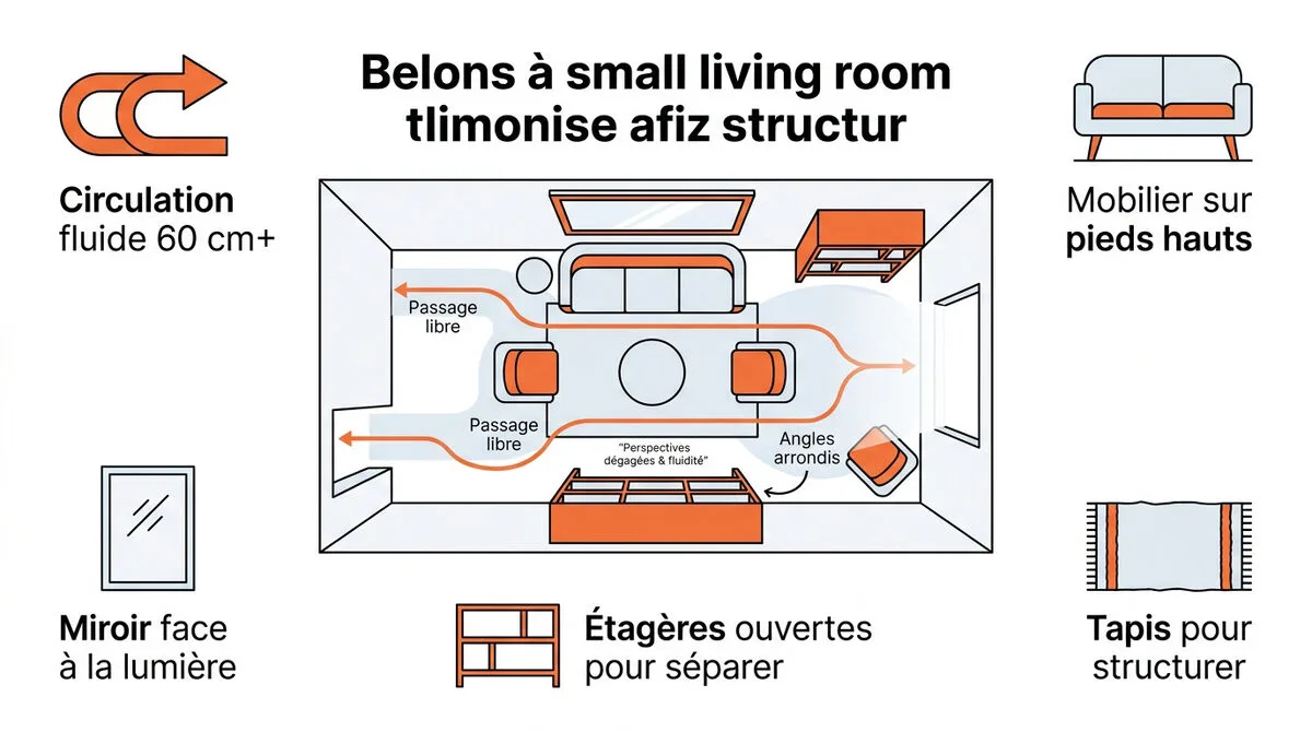 Aménagement d'un petit salon lumineux avec circulation fluide et mobilier compact