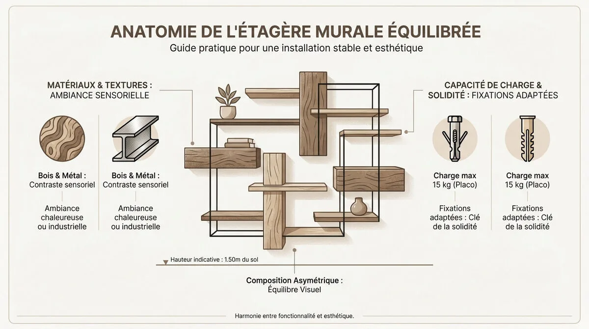 Schéma technique d'une étagère murale équilibrée avec hauteurs et fixations