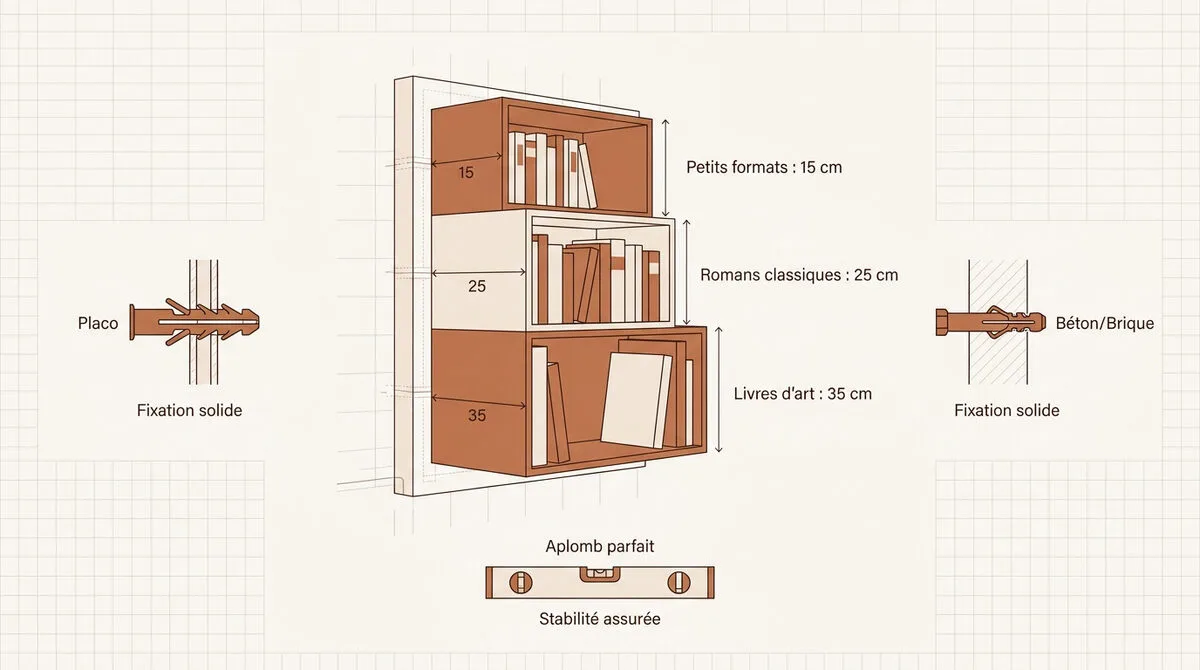 Schéma technique des dimensions et fixations d'une bibliothèque murale pour salon