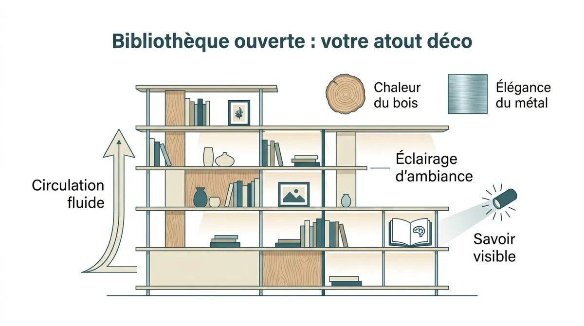Bibliothèque ouverte en bois massif avec décoration épurée et éclairage doux