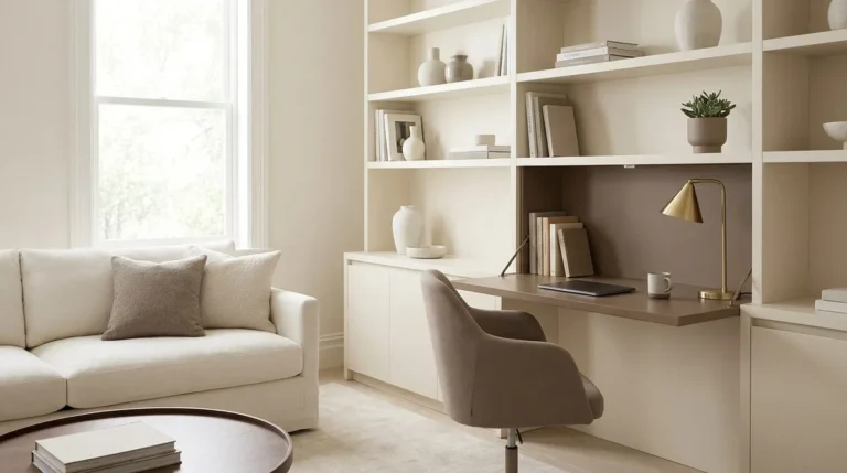 Bureau intégré escamotable dans une bibliothèque beige avec un canapé clair et une lampe dorée dans un salon élégant.