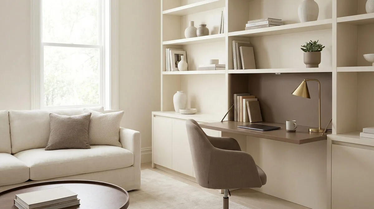 Bureau intégré escamotable dans une bibliothèque beige avec un canapé clair et une lampe dorée dans un salon élégant.