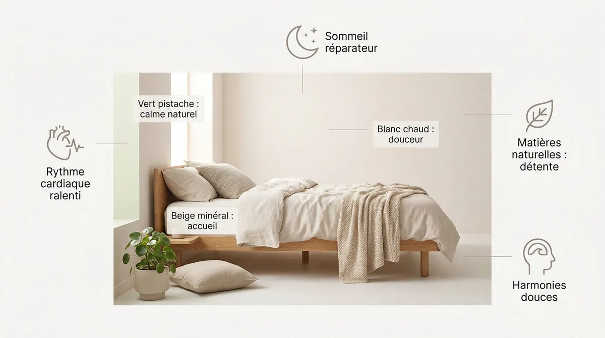 Chambre aux teintes vert pistache et textiles naturels