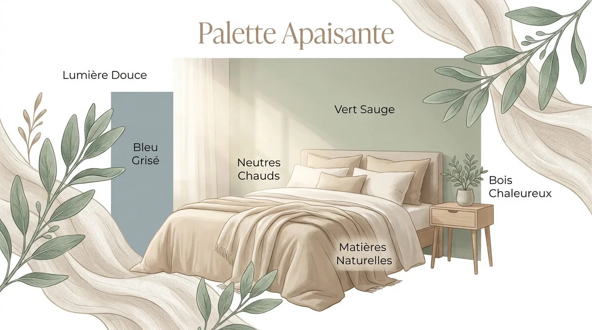 Chambre adulte aux couleurs apaisantes avec linge de lit en lin et murs beige clair