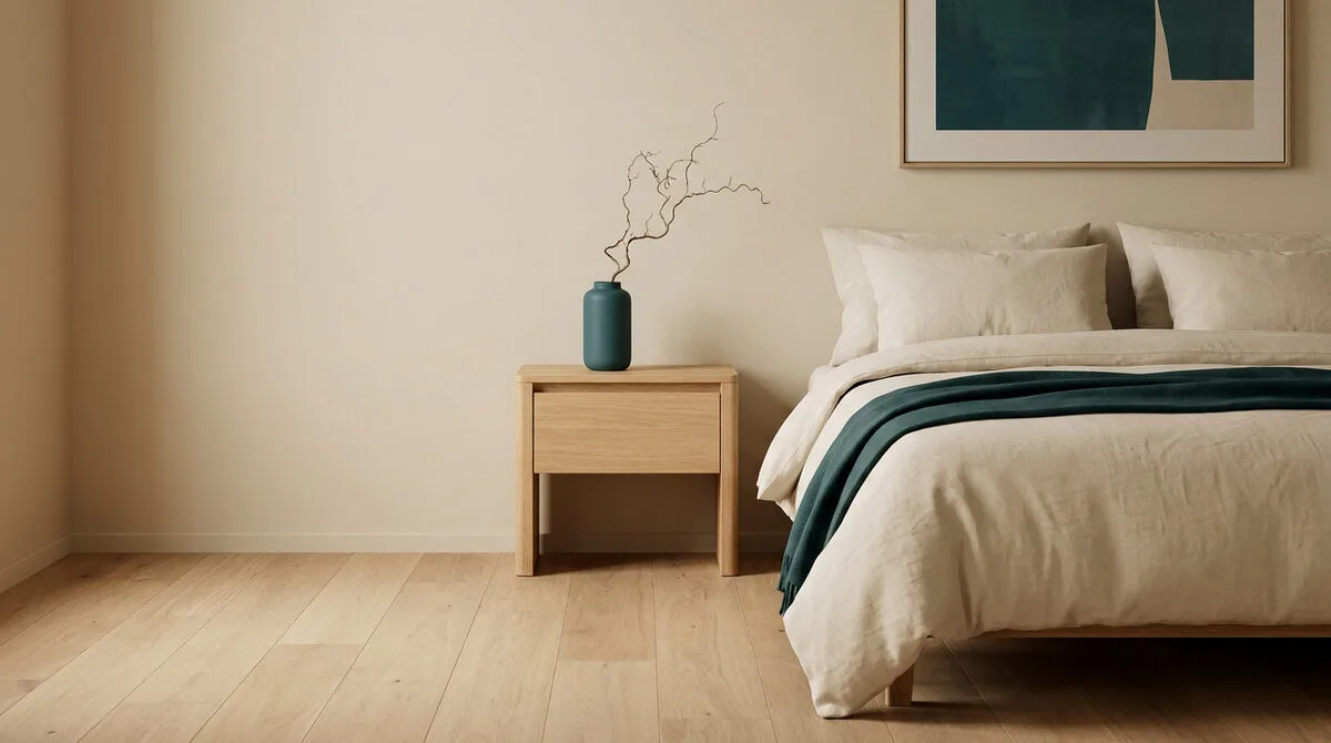 Table de chevet minimaliste en bois clair avec un vase bleu posé à côté d'un lit aux tons beiges dans une chambre épurée.