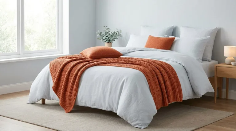 Lit avec linge de lit blanc, plaid en maille et coussins orange rouille dans une chambre lumineuse.