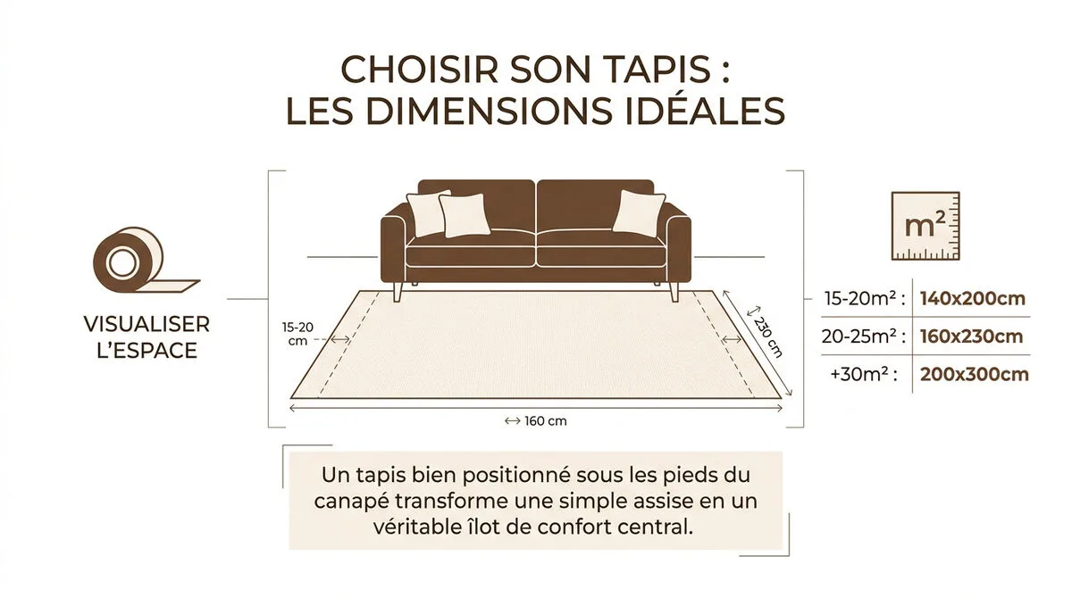 Schéma des dimensions idéales pour un tapis de salon selon la disposition du mobilier