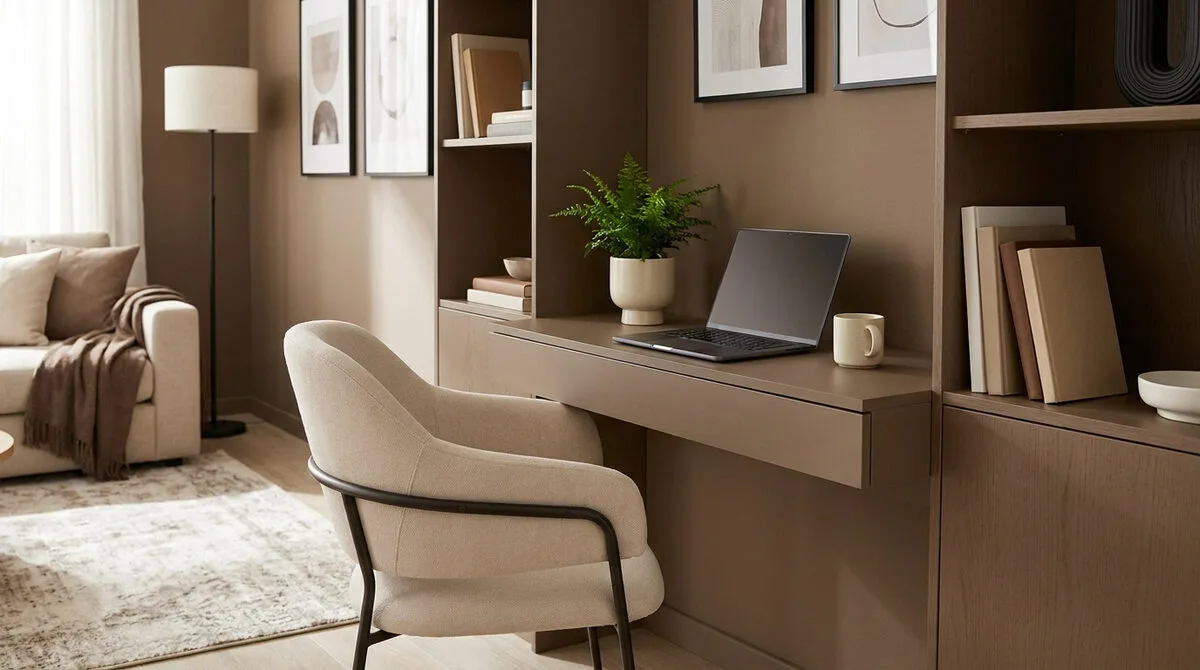 Un bureau suspendu marron avec un ordinateur, une chaise beige et une bibliothèque intégrée dans un salon moderne.