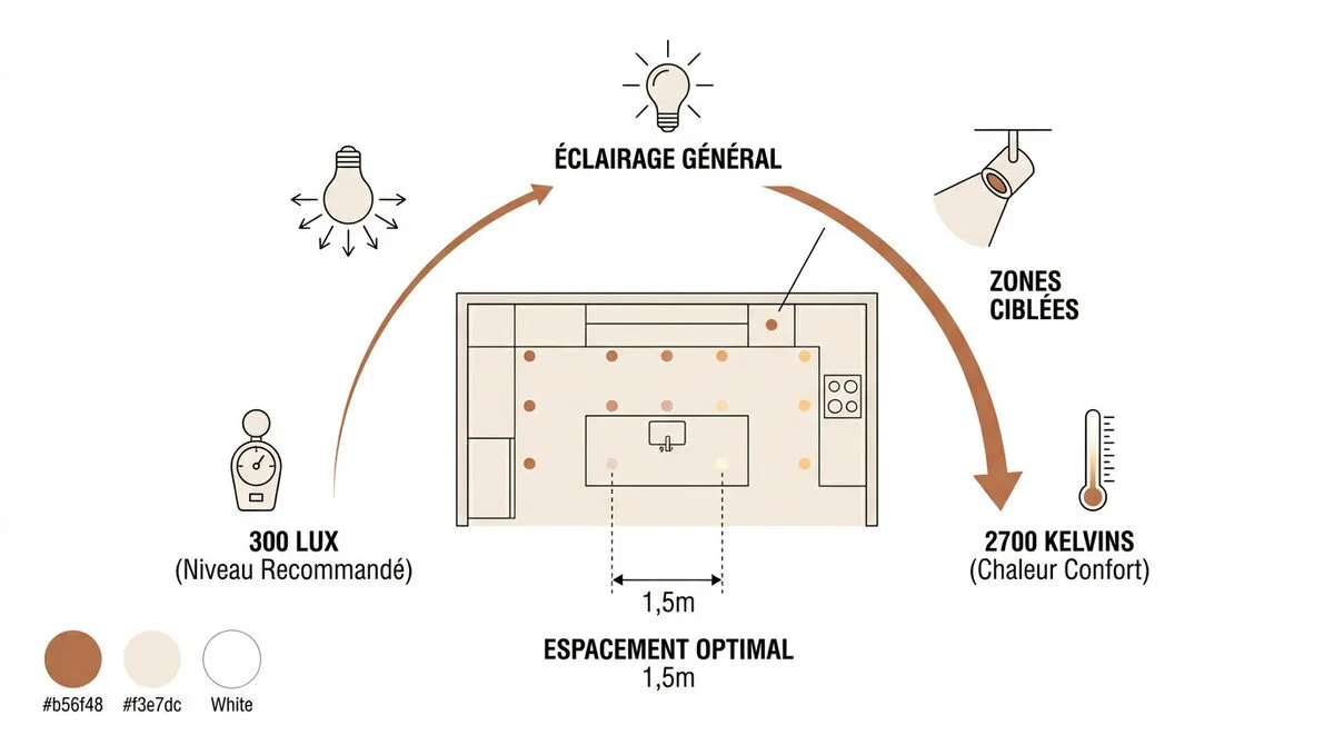 Schéma technique de l'éclairage de cuisine montrant les lux, kelvins et l'espacement des spots