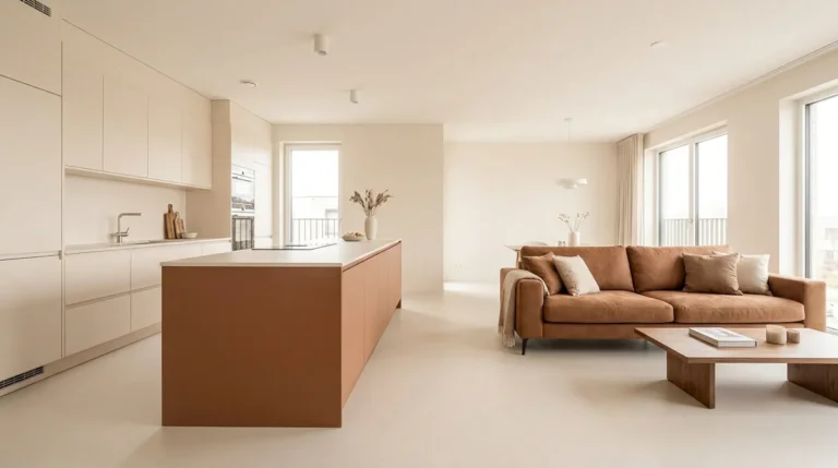 Cuisine moderne aux tons beiges avec îlot central terracotta et canapé marron assorti dans un salon lumineux.