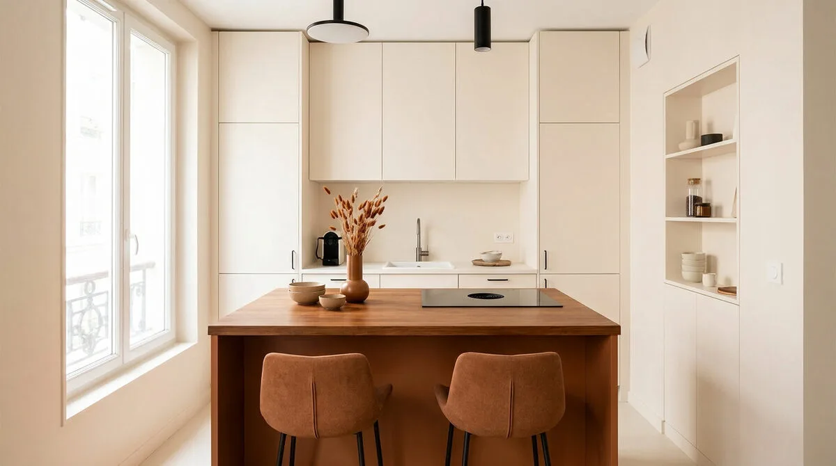 Petite cuisine lumineuse avec îlot central en bois, deux tabourets et rangements beiges minimalistes.